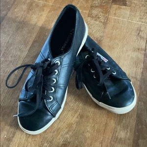 Lightly worn black leather superga 9
